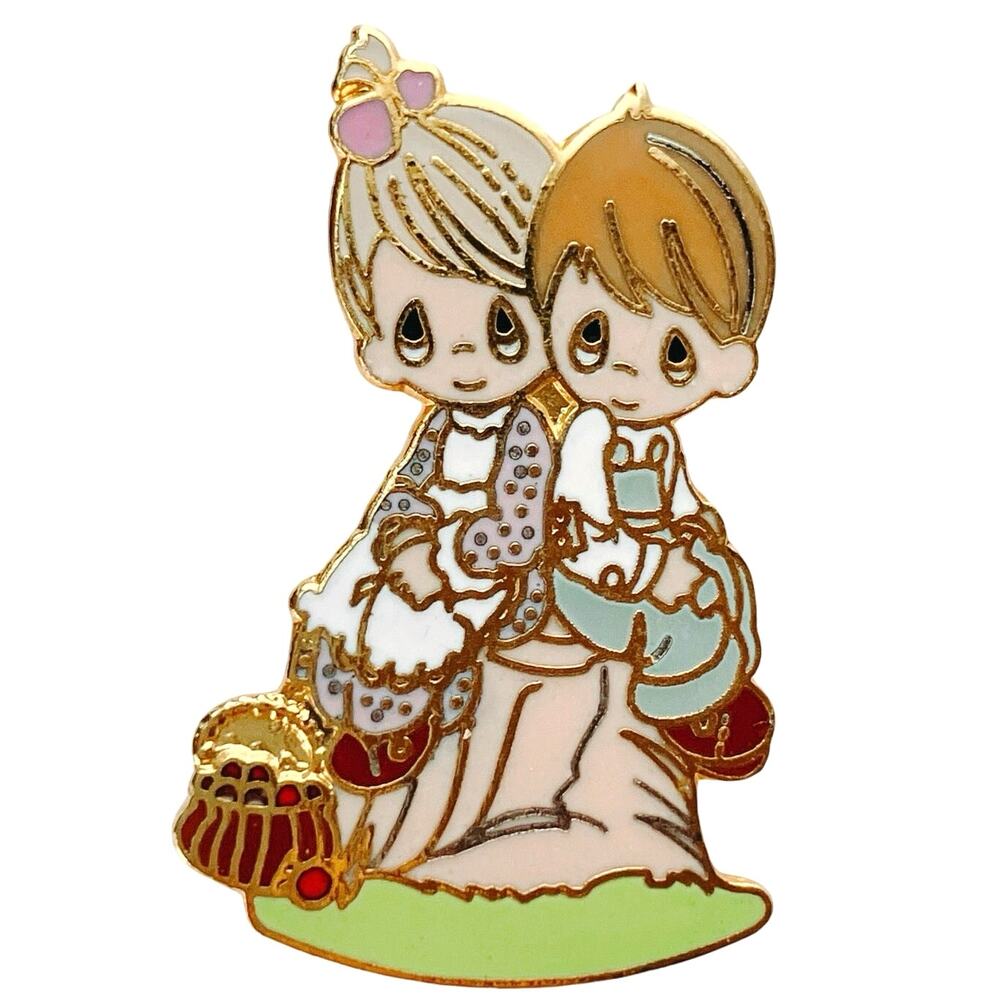 VTG Precious Moments Signed Enamel Lapel Pin 80s Storybook Girl Boy Picnic